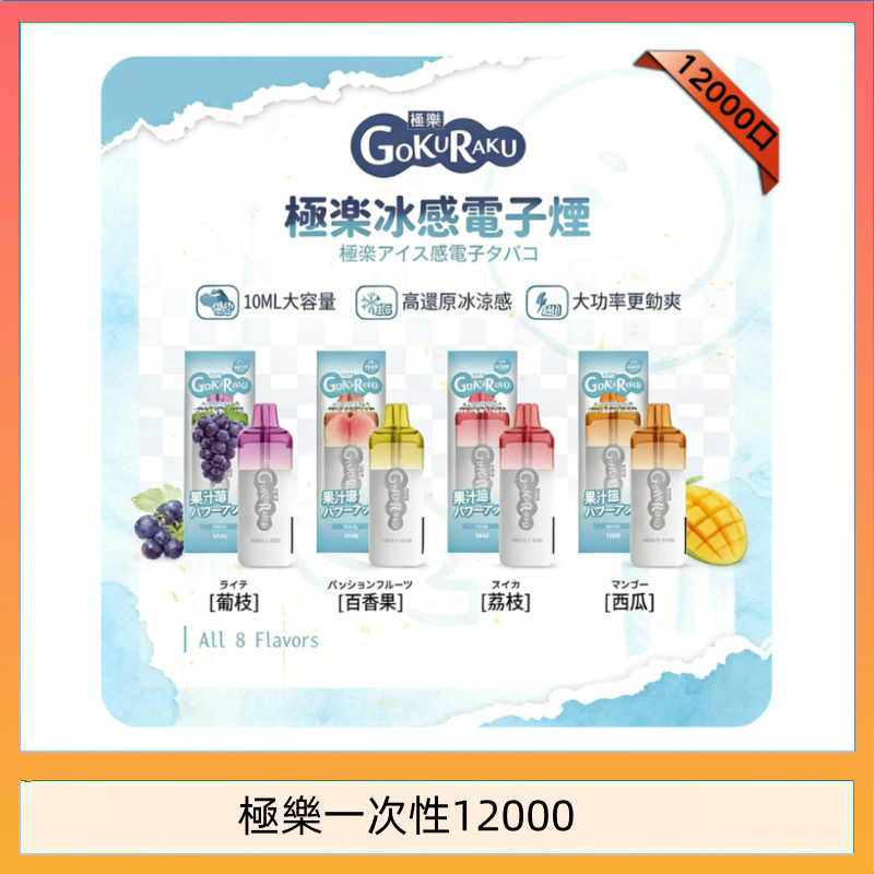 【8種口味】極楽 12000口一次性電子煙|超大容量 |口感絲滑|新品